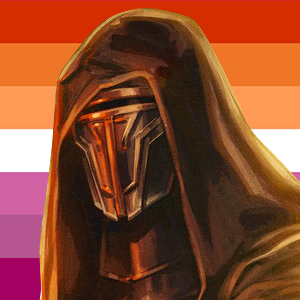 Revan from KotOR with a Lesbian pride background